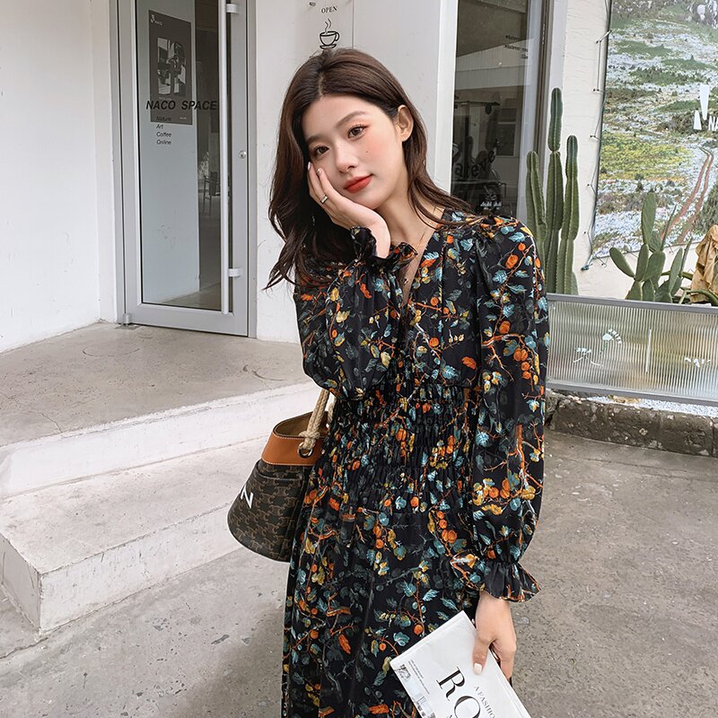 法式复古气质桔梗碎花连衣裙女2025春秋季新款收腰显瘦v领长裙子,女装连衣裙,2C016