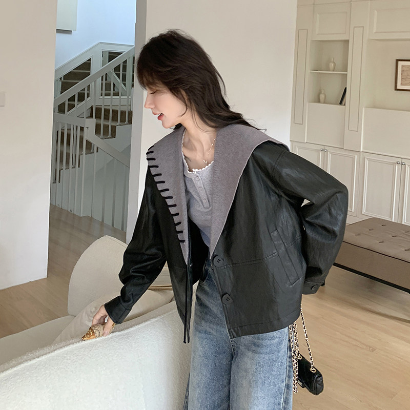 拼接宽松型学院风街头风短款皮衣百搭显瘦韩系机能风春秋小个子,女装短外套,2C177