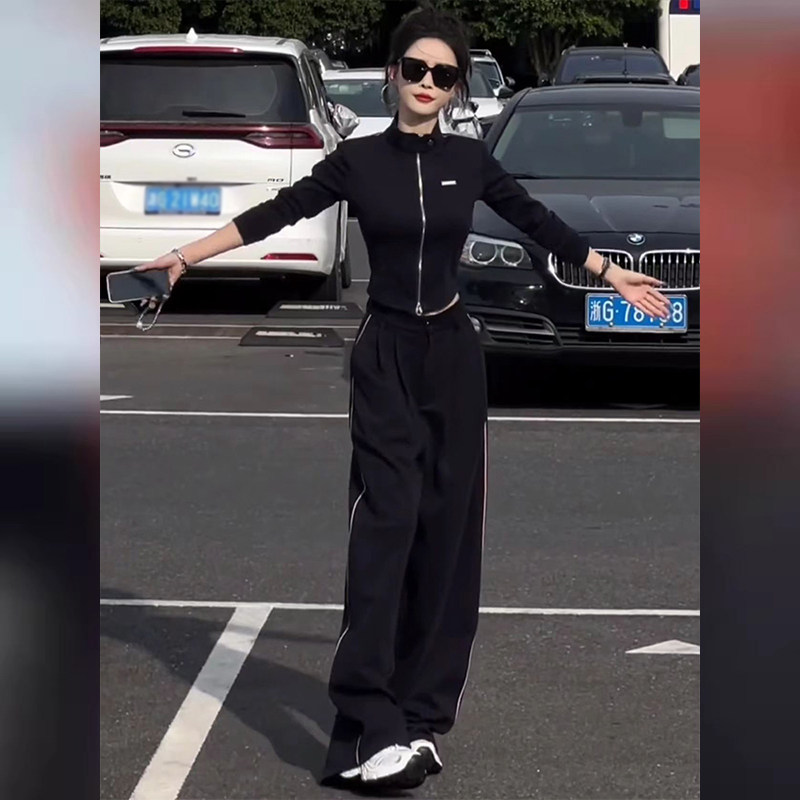 韩版时尚气质大方套装女春新款拉链开衫黑色立领上衣阔腿裤两件套,女装套装/套裙,2C310