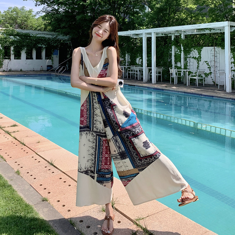 印花拼接小众设计感阔腿裙裤2025新款女夏季慵懒风宽松爆款连体裤,女装连体裤,2C122