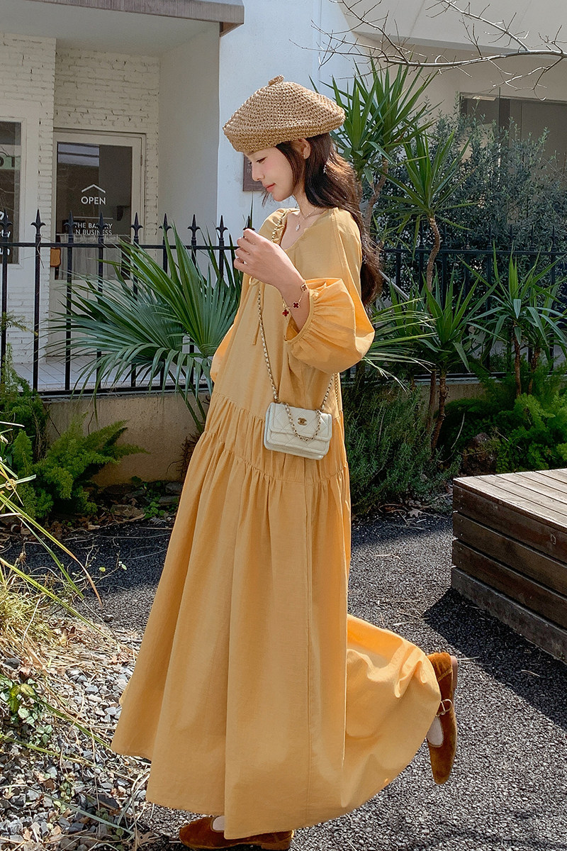 法式减龄甜美宽松橘色连衣裙女春秋2025新款巨好看温柔风超火长裙,女装连衣裙,2C177