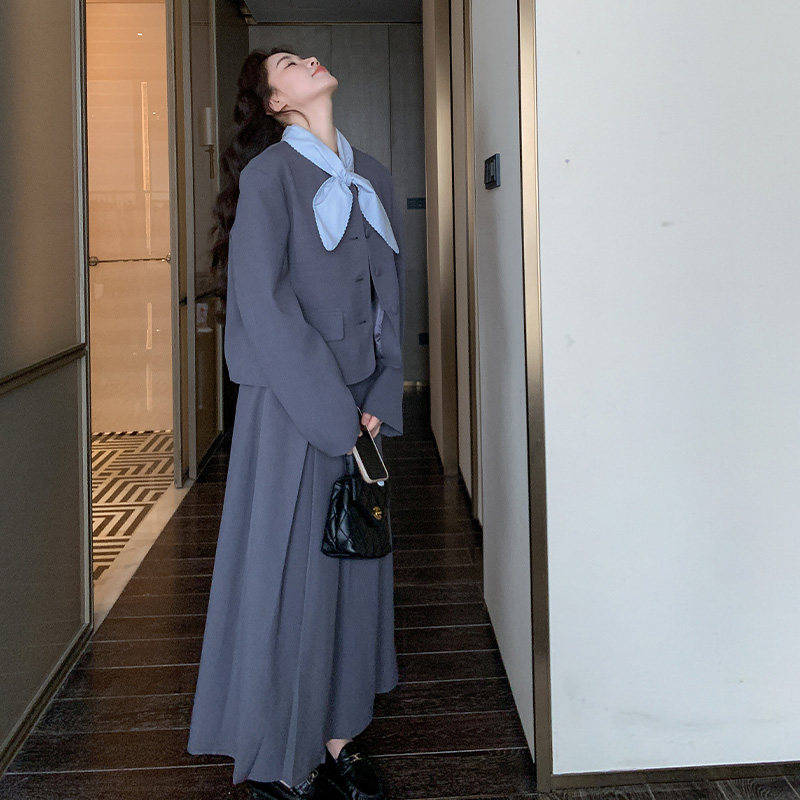 灰色撞色蝴蝶结西装两件套女春新款轻熟风宽松气质显瘦复古半身裙,女装套装/套裙,2C009