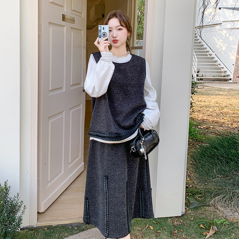 高级感马甲背心花边领泡泡袖衬衫三件套女春季高腰韩系大摆裙套装,女装套装/套裙,2C166