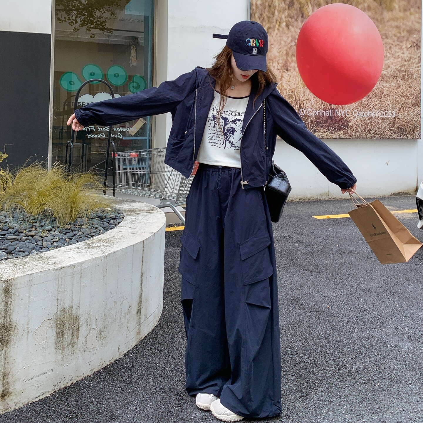 藏青松弛感系休闲运动套装女2026秋韩系连帽工装外套阔腿裤两件套,女装套装/套裙,2C218