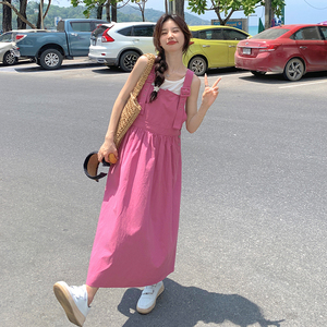 玫粉色韩系背带裙夏季女2024新款减龄学院风宽松洋气长款A字裙潮图片