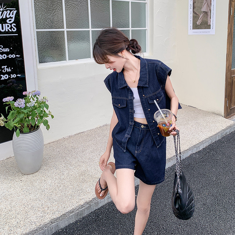 现货附买家秀时尚小飞袖牛仔两件套套装2075款P130控198,女装套装/套裙,2C139