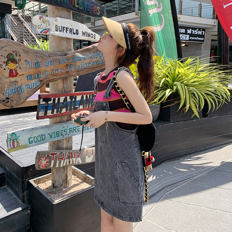 灰色牛仔背带连衣裙女2023夏季新款学院风小个子炸街高级裙子,女装连衣裙,2C177