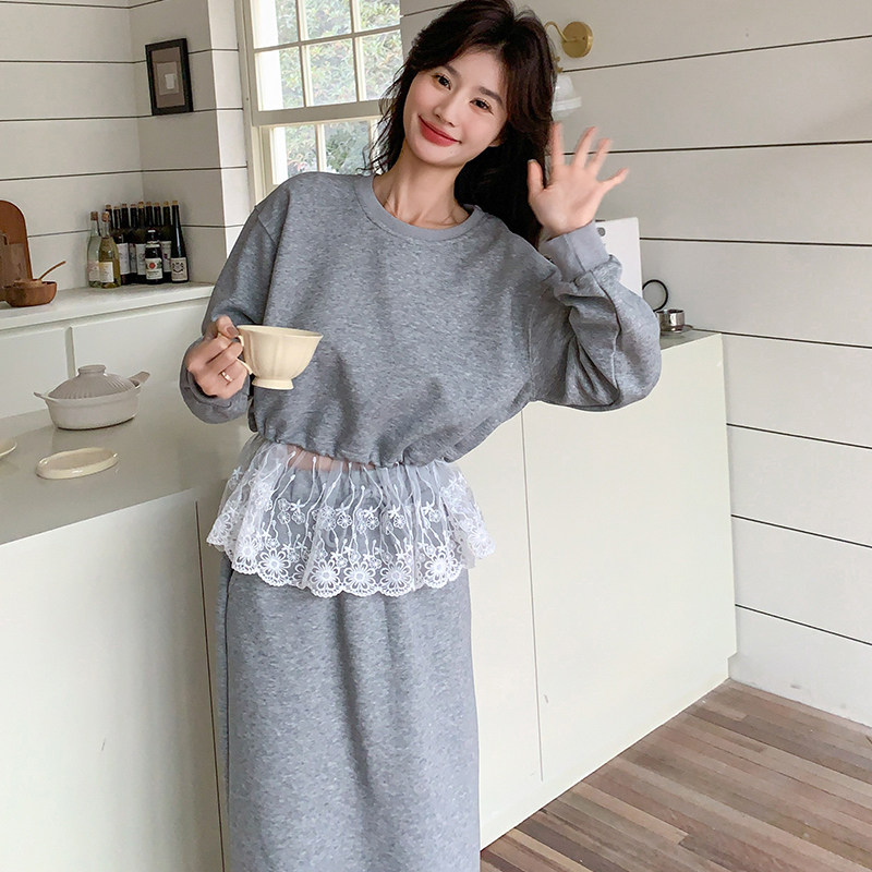 新品灰色慵懒风蕾丝卫衣开叉半身裙时尚套装5861-P150-K218,女装套装/套裙,2C159