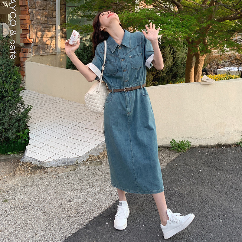 港风复古牛仔连衣裙女2025夏季新款时尚洋气减龄收腰显瘦衬衫长裙,女装连衣裙,2C098