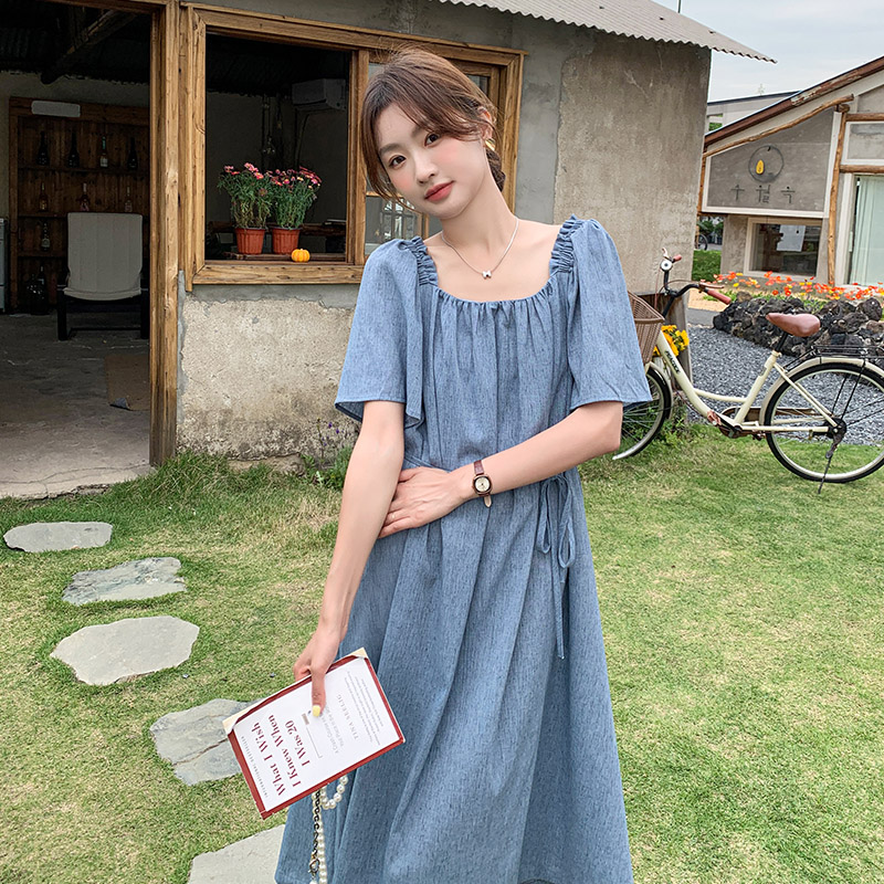 法式纯色甜美休闲连衣裙女夏季2025新款泡泡袖宽松茶歇长款A字裙,女装连衣裙,2C207