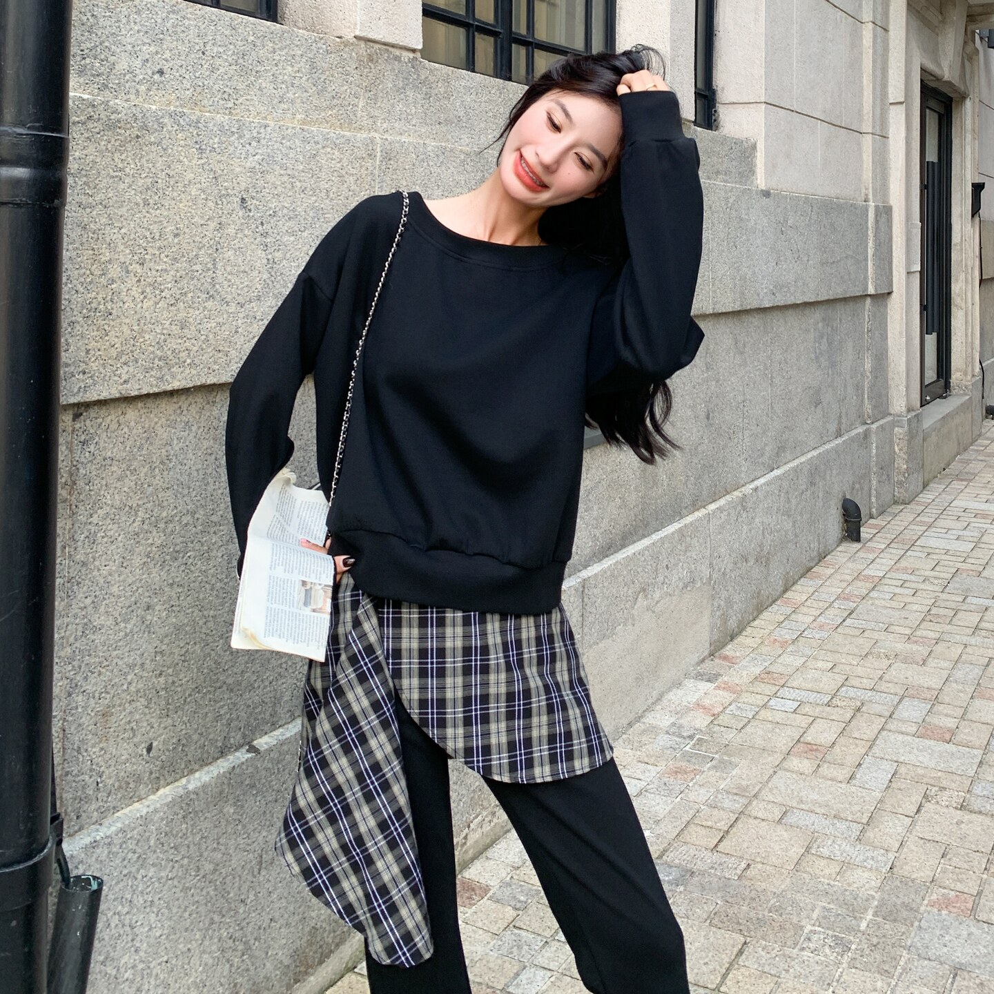 休闲运动穿搭藏蓝色卫衣套装女春秋超火好看高级感阔腿长裤两件套,女装套装/套裙,2C236