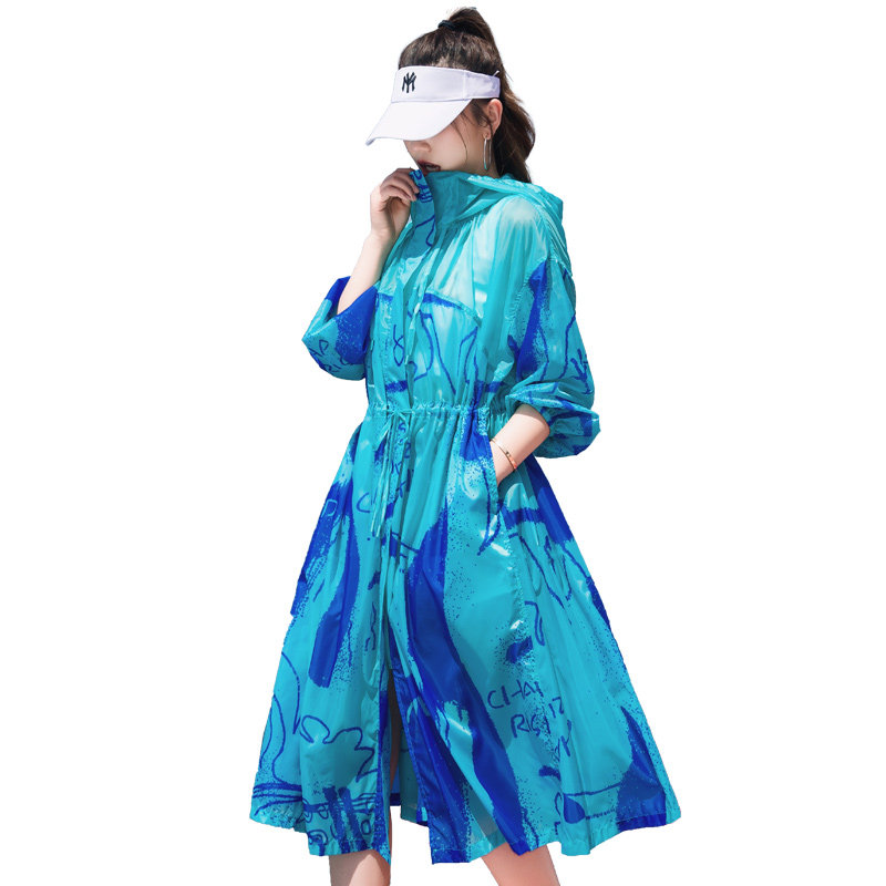 防晒服长款2025年夏季印花薄款连帽RF2C290-8102#-P95-K145,女装防晒衣,2C290