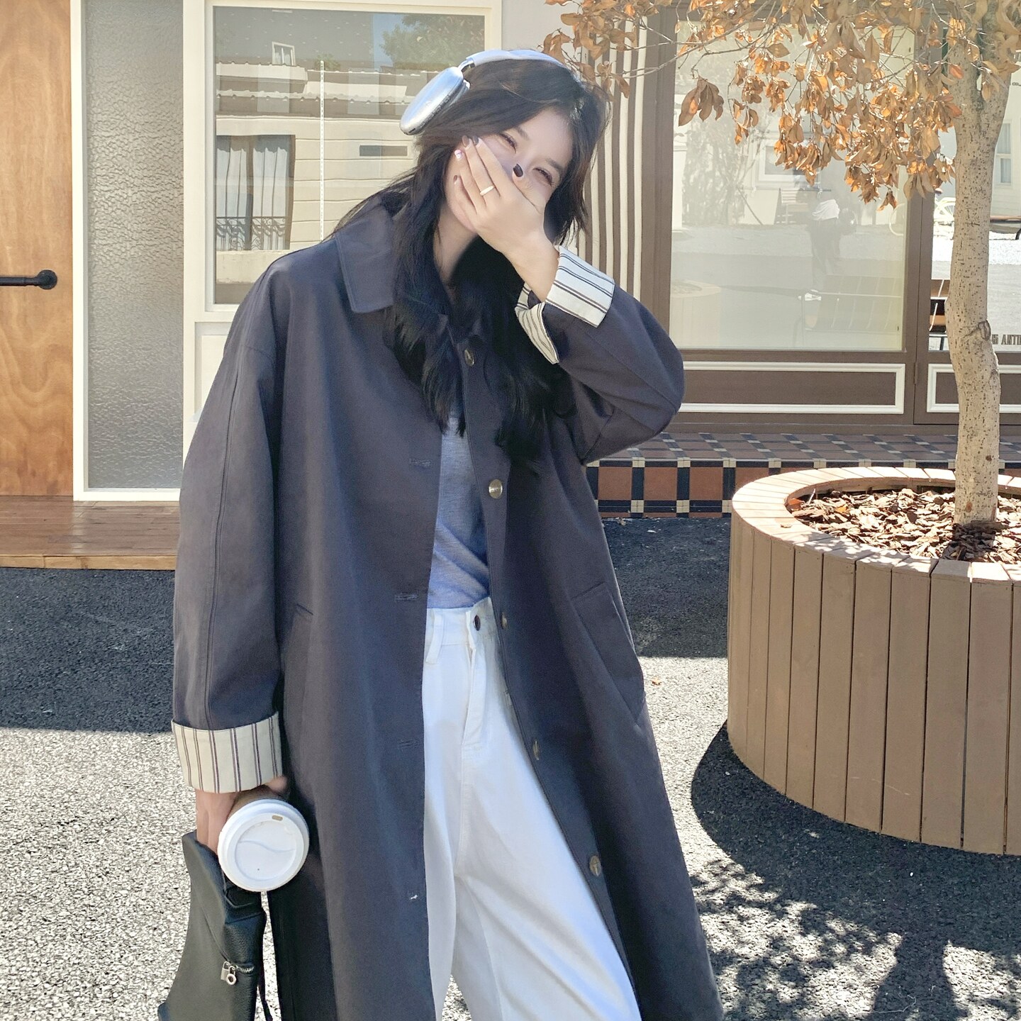 深灰色复古高级感气质风衣外套女2025秋韩系收腰显瘦格纹拼接大衣,女装风衣,2C271