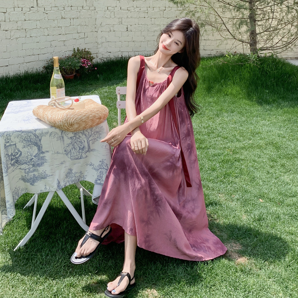法式粉色晕染吊带连衣裙女2025夏季新款超好看绝美海边度假风长裙,女装连衣裙,2C131