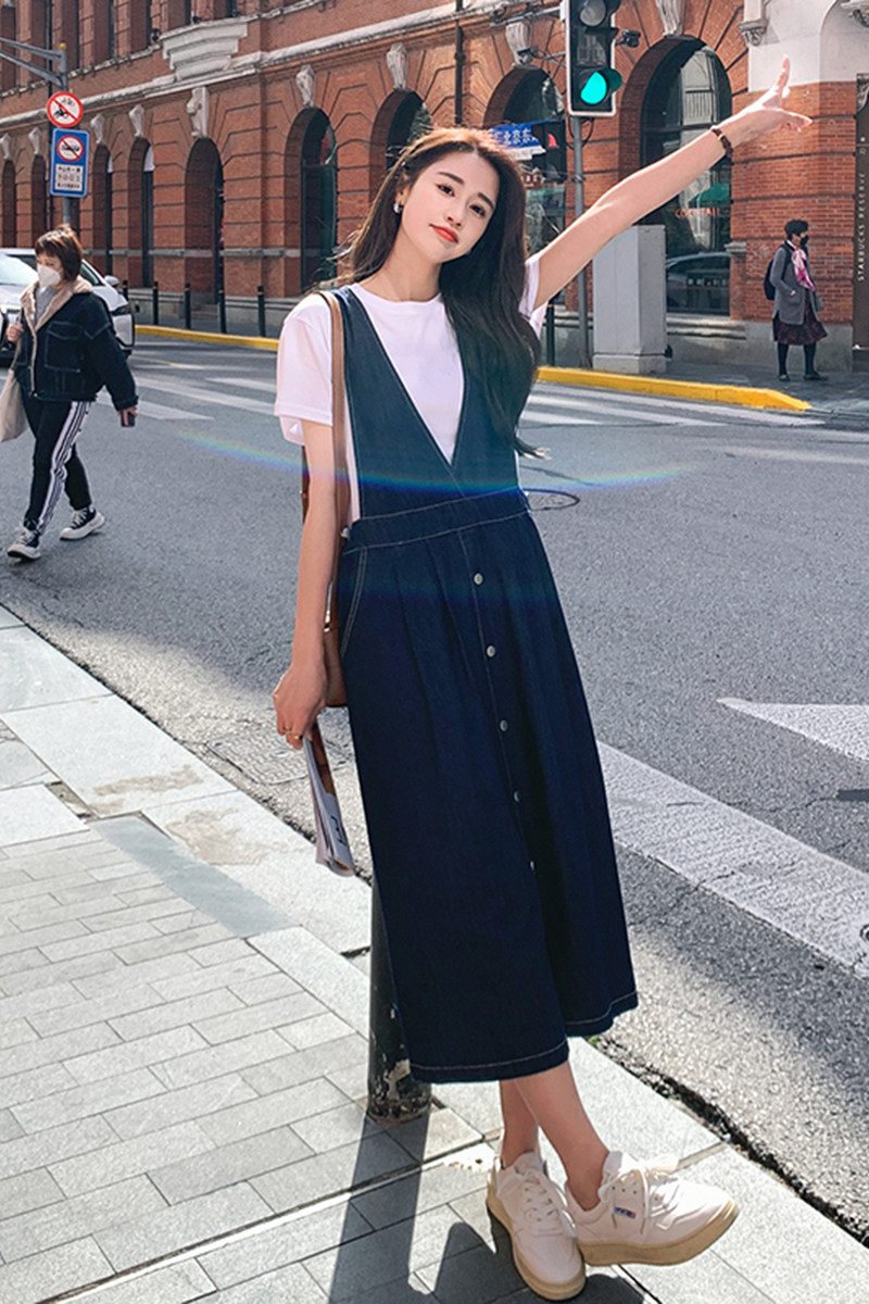 【现货】T恤牛仔连衣裙复古设计感两件套8821款P115K165,女装连衣裙,2C316