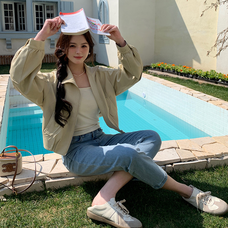 蓝色短款皮衣外套女2025春季新款韩系超火减龄小个子机车夹克上衣,女装短外套,2C022