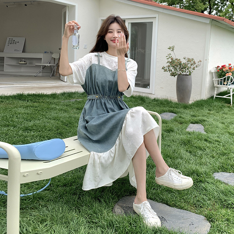假两件牛仔吊带连衣裙女夏2025新款收腰显瘦休闲小个子设计感学生,女装连衣裙,2C098