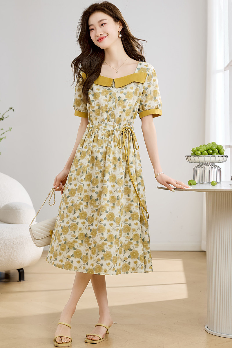 纯棉碎花连衣裙女夏季2025新款法式方领系带收腰显瘦减龄妈妈裙子,女装连衣裙,1D073