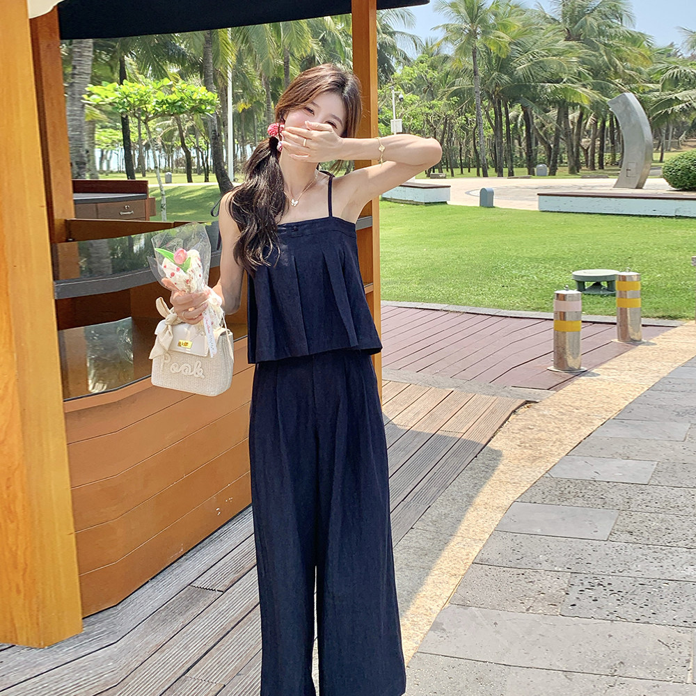 藏青色氛围感辣妹牛仔吊带背心套装女夏新款洋气薄款阔腿裤两件套,女装套装/套裙,2C271