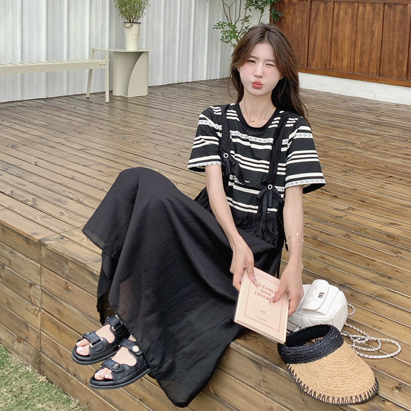 法式甜美条纹拼接连衣裙女2025夏季新款韩版宽松显瘦假两件长裙子,女装连衣裙,2C098