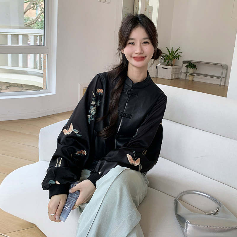 新中式风刺绣黑色PU皮衣外套女2025春秋季新款显瘦短款夹克上衣,女装皮衣,2C098