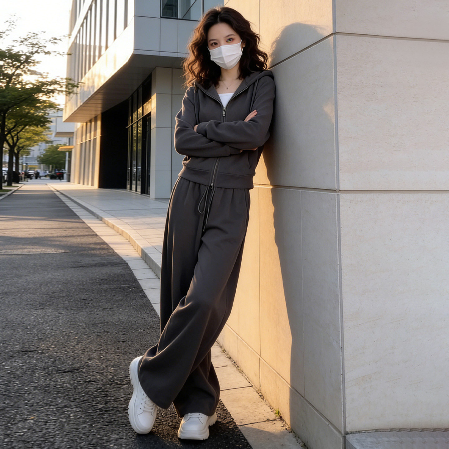女春款欧货时尚休闲套装灰色连帽开衫上衣宽松软糯阔腿长裤两件套,女装套装/套裙,2C310