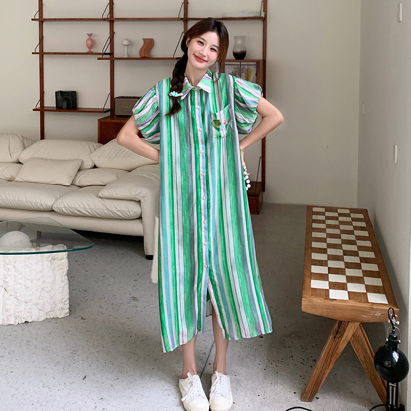宽松慵懒风条纹灯笼袖连衣裙女夏2025新款休闲显瘦遮肚子女生长裙,女装连衣裙,2C115