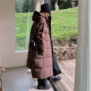 黑金鹅绒羽绒服女长款2025年冬装新款韩版宽松过膝白鹅绒外套图片