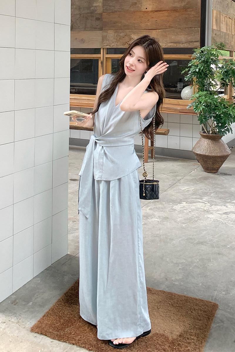 小香风收腰上衣阔腿裤套装女2025年夏季新款法式松弛感显瘦两件套,女装套装/套裙,2C025