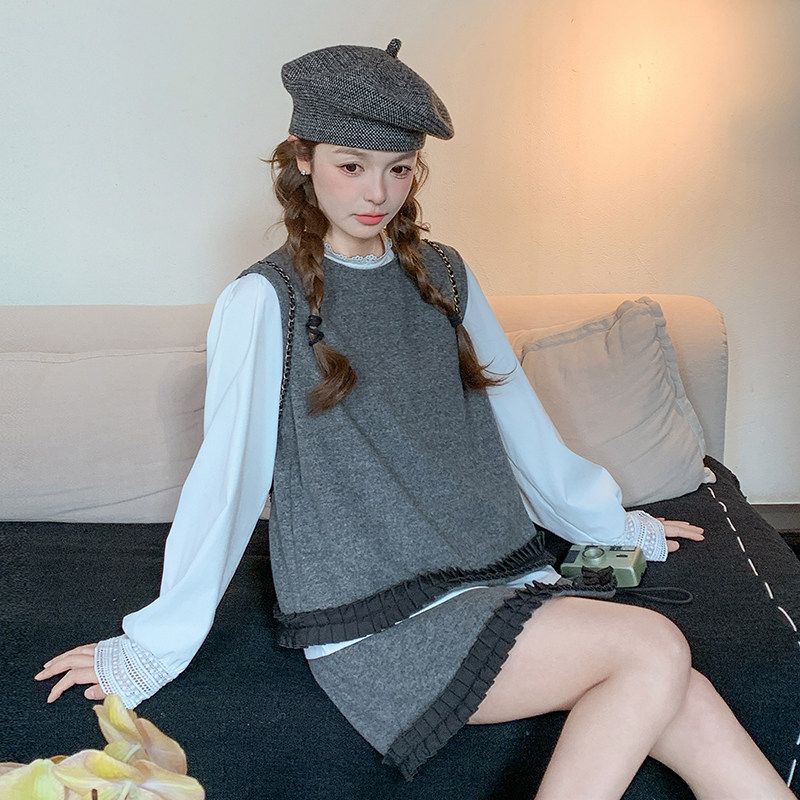 韩版灰色小香风套装裙女2025春秋季新款显瘦上衣马甲半身裙三件套,女装套装/套裙,2D148