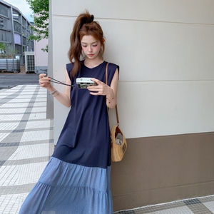休闲撞色拼接无袖背心连衣裙女夏2025新款长裙独特法式甜美巨好看图片