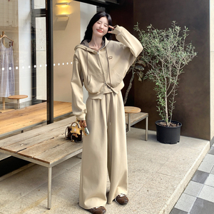 韩系休闲运动套装女2025秋季新款慵懒风开衫卫衣吊带阔腿裤三件套图片
