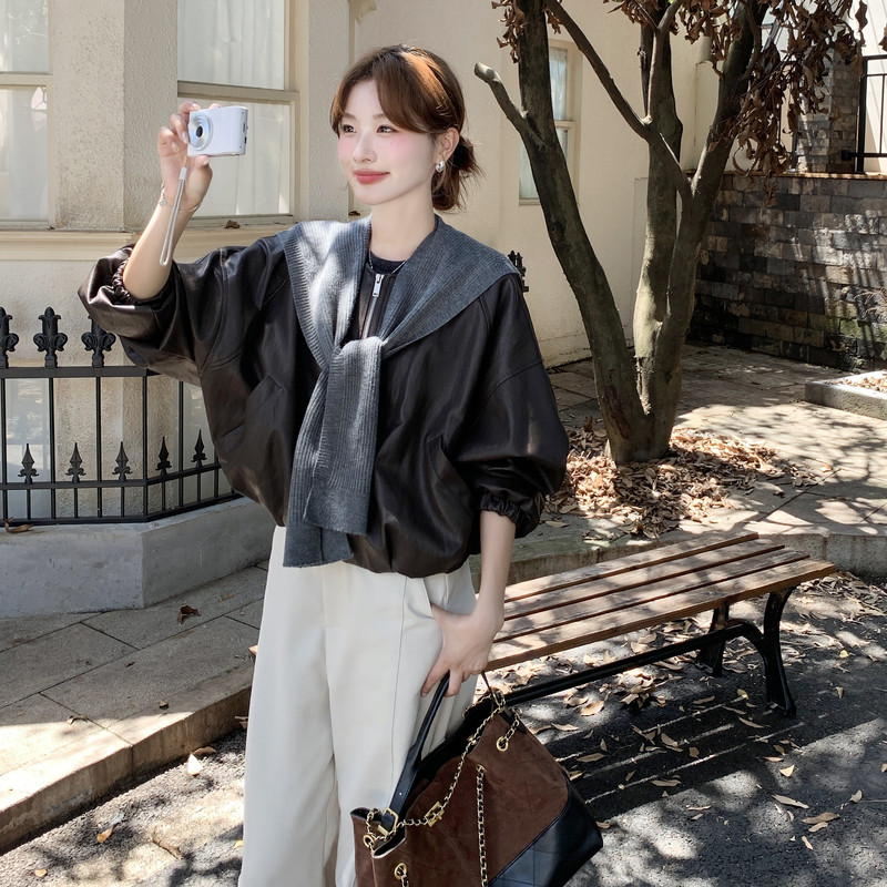 美拉德圆领小皮衣外套女秋季2026新款又酷又飒复古小个子pu皮夹克,女装皮衣,2C159
