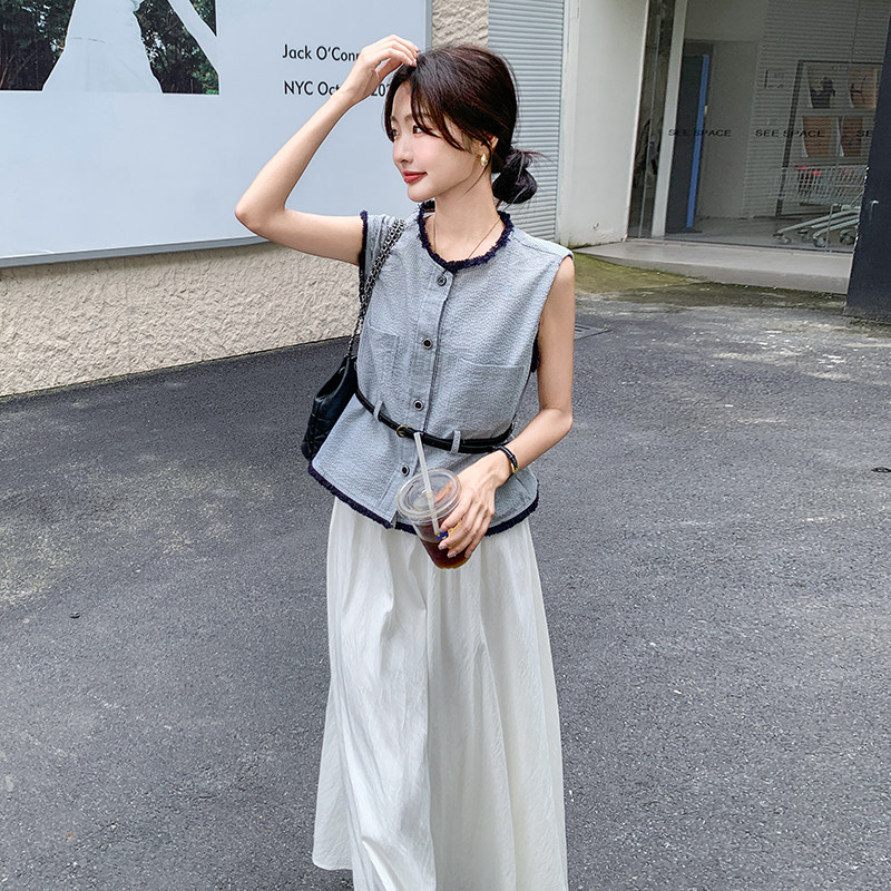 韩系干练气质高级感套装女2025夏季淡人流苏无袖上衣半身裙两件套,女装套装/套裙,2C159