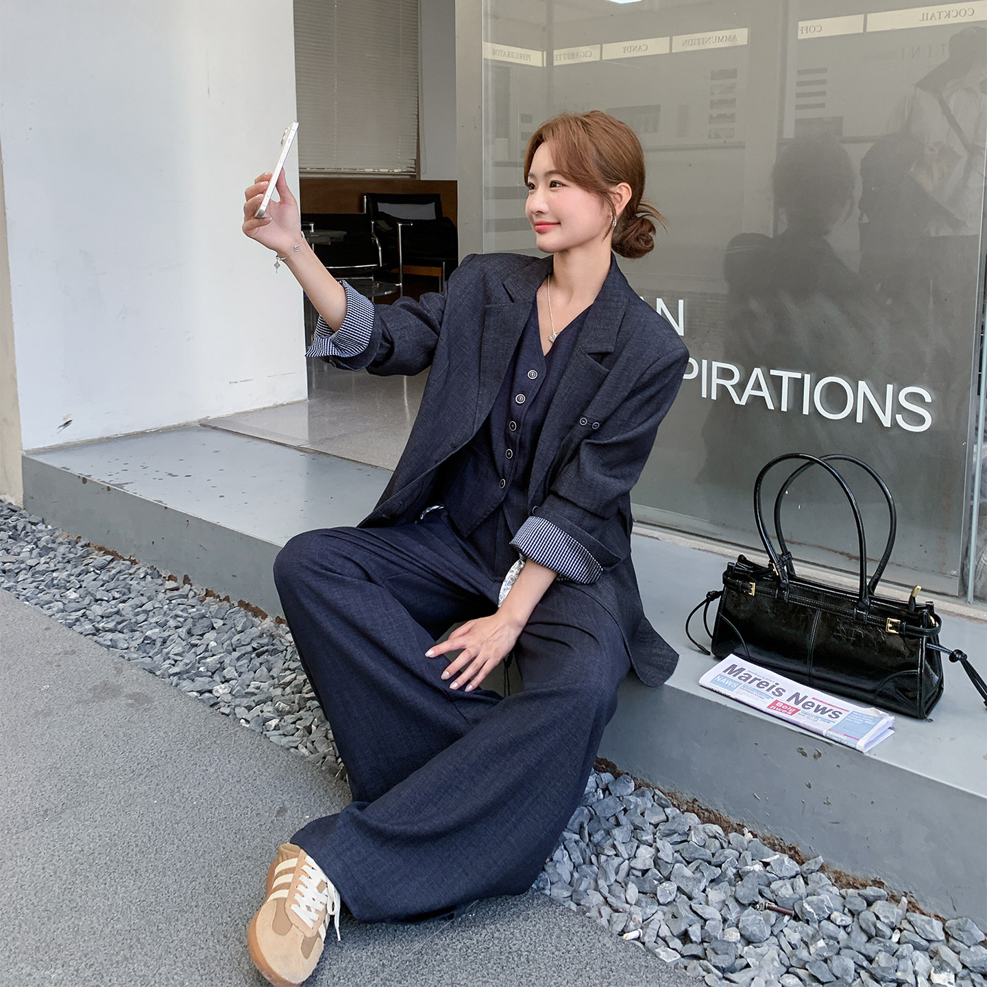 英伦风高级感西装三件套女2025秋季新款超火流行时尚马甲阔腿裤潮,女装套装/套裙,2C126