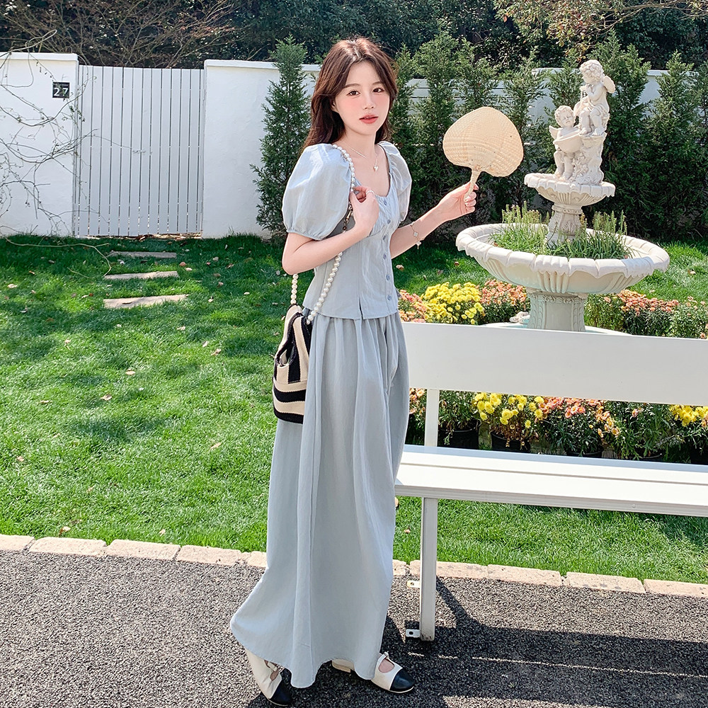 高级感小众蓝色套装裙女2025年夏季韩系显瘦上衣半身裙减龄两件套,女装套装/套裙,2C212