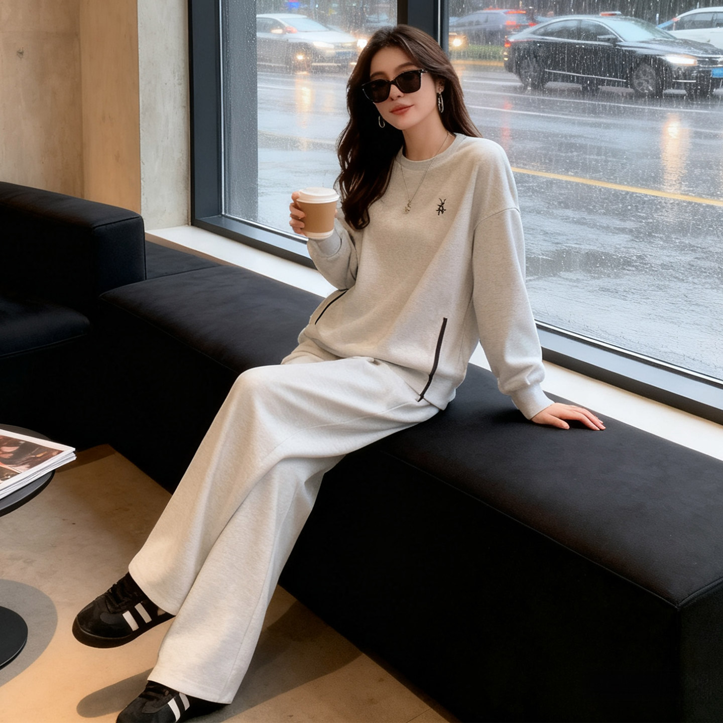 时尚休闲运动套装女秋季洋气减龄宽松简约圆领卫衣阔长腿裤两件套,女装套装/套裙,2C310
