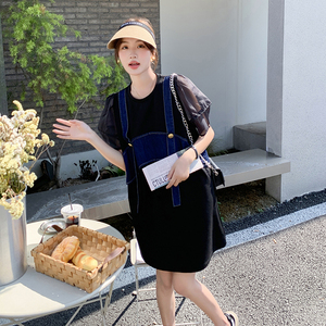牛仔拼接假两件连衣裙女夏2024新款小众宽松洋气设计感休闲T恤裙图片