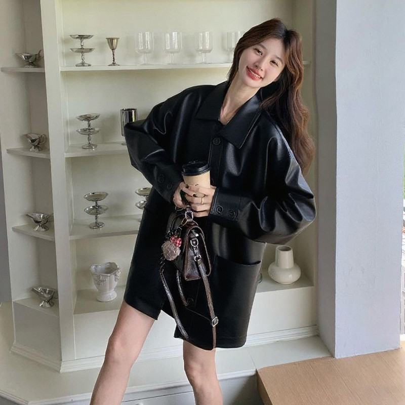 美式复古宽松棕色皮衣女春秋独特漂亮高级超火好看中长款上衣外套,女装皮衣,2C082