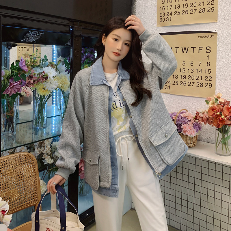 独特超好看牛仔拼接假两件外套女春秋2025新款设计感小众工装夹克,女装短外套,2C266
