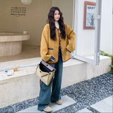 南瓜色学院风格子拼接毛呢外套女秋冬2025新款设计感爆款绝美大衣，女装毛呢外套，2C056