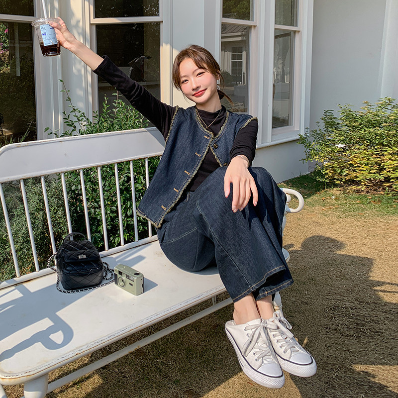 小香风牛仔马甲套装女春秋2025新款韩系独特设计超好看两件套超火,女装套装/套裙,2C236
