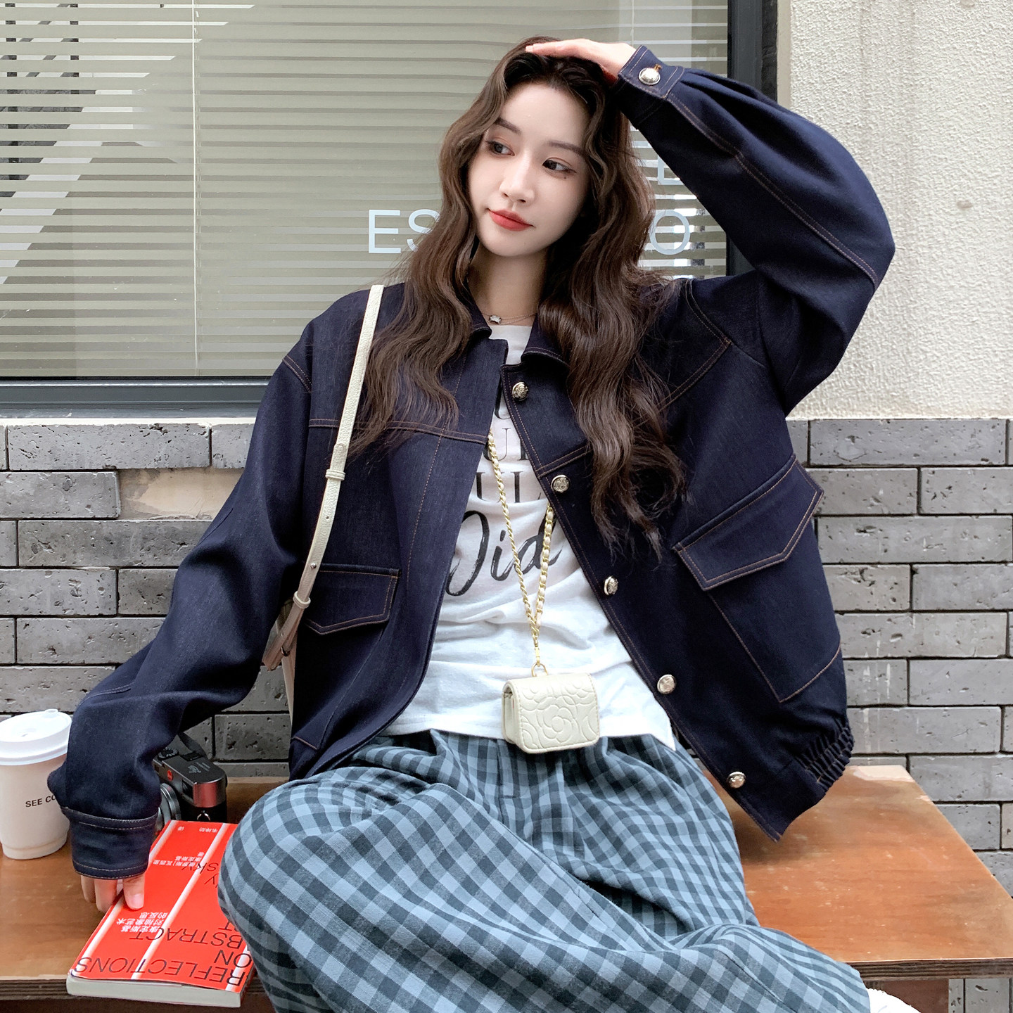 深蓝色仿牛仔翻领外套女2025秋季新款盐系爆款高级感休闲百搭夹克,女装短外套,2D008