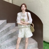 米白色时尚减龄轻薄衬衫套装女2025夏季新款小个子休闲短裤两件套，女装套装/套裙，2C166