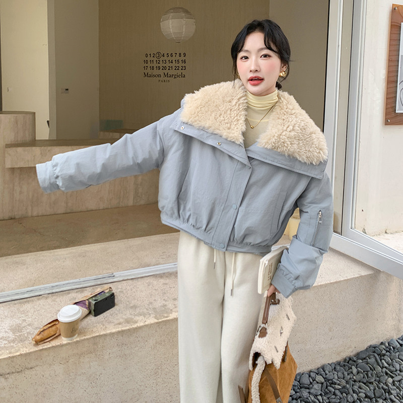 蓝色羊羔毛大翻领短款羽绒服女冬季韩系减龄超好看加厚白鸭绒外套,女装羽绒服,2C203