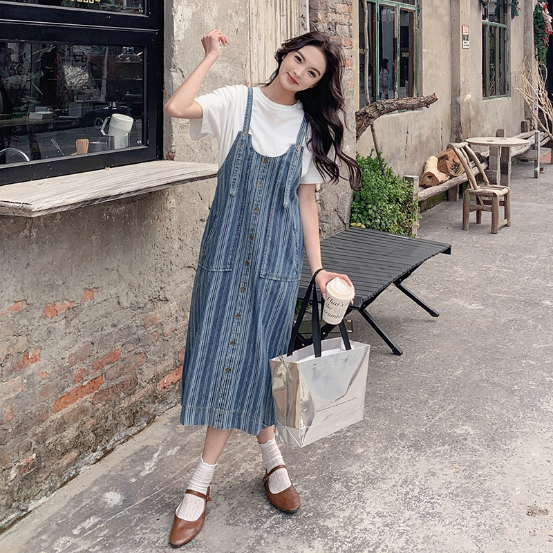 蓝色条纹牛仔背带裙女2025夏季新款韩系学院风宽松显瘦休闲连衣裙,女装连衣裙,2C112