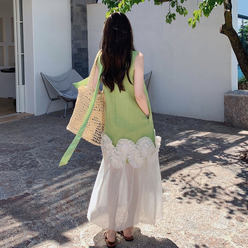 重工无袖立体花边拼接连衣裙女夏季2025甜美慵懒风撞色假两件长裙,女装连衣裙,2D008