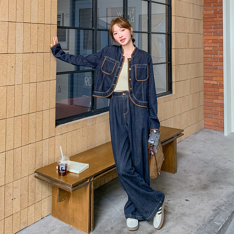 撞色高级感气质牛仔套装2026新款女秋又A又飒阔腿裤小个子两件套,女装套装/套裙,2C159