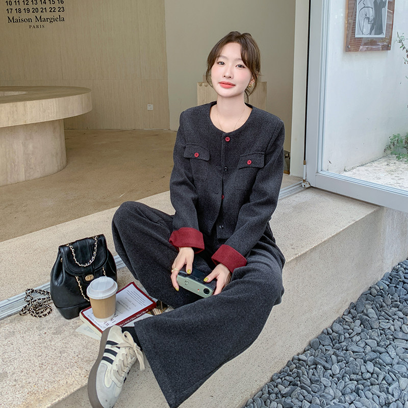 小香风穿搭气质灰色毛呢套装女秋冬超火好看高级小众阔腿裤两件套,女装套装/套裙,2C203