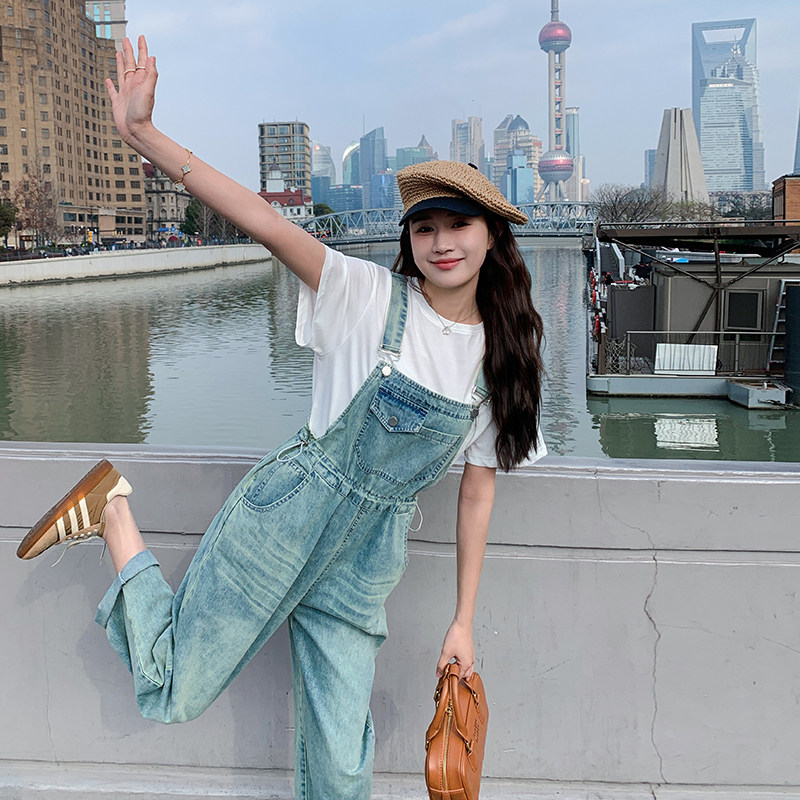 韩版学院风复古牛仔背带裤女2025夏季新款高腰显瘦减龄直筒连体裤,女装连体裤,2C087